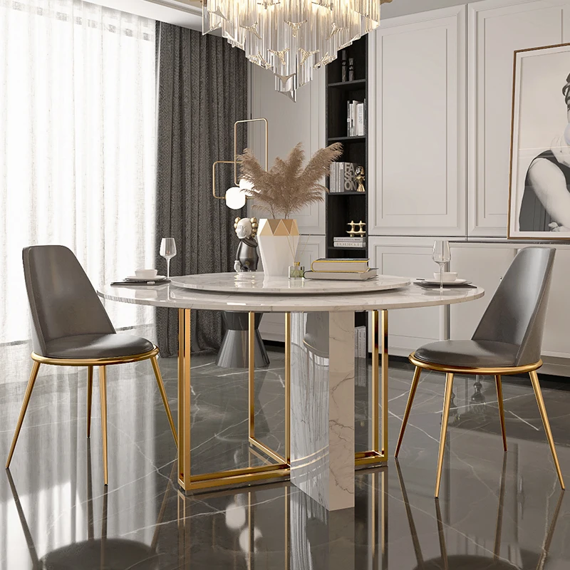 Итальянская минималистичная комбинация мраморного обеденного стола и стула, круглый современный светлый роскошный маленький семейный круглый стол Изображение 0