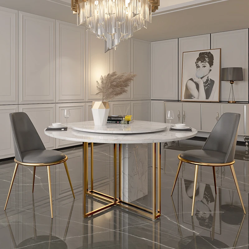 Итальянская минималистичная комбинация мраморного обеденного стола и стула, круглый современный светлый роскошный маленький семейный круглый стол Изображение 1