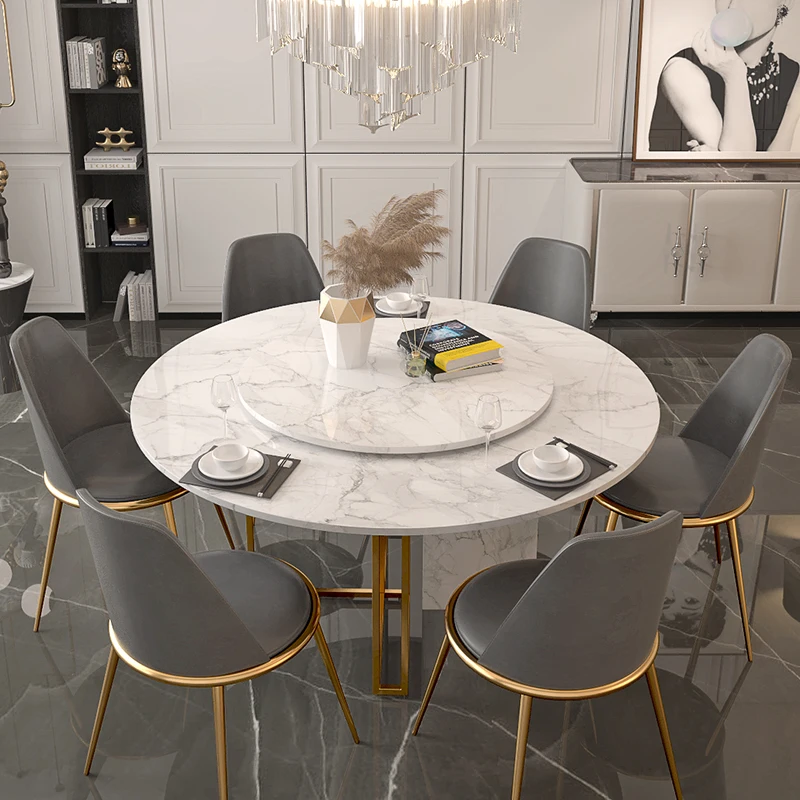 Итальянская минималистичная комбинация мраморного обеденного стола и стула, круглый современный светлый роскошный маленький семейный круглый стол Изображение 2