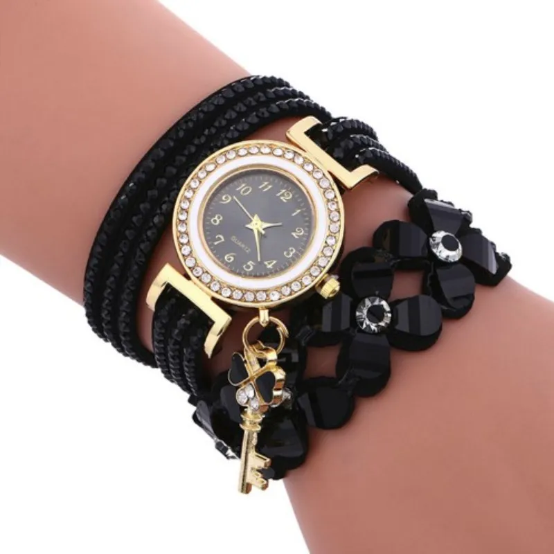 Новые Кожаные часы-браслет с оберткой из цветов и хрусталя, женские простые платья, Женские наручные часы Relojes Mujer В подарок Изображение 2