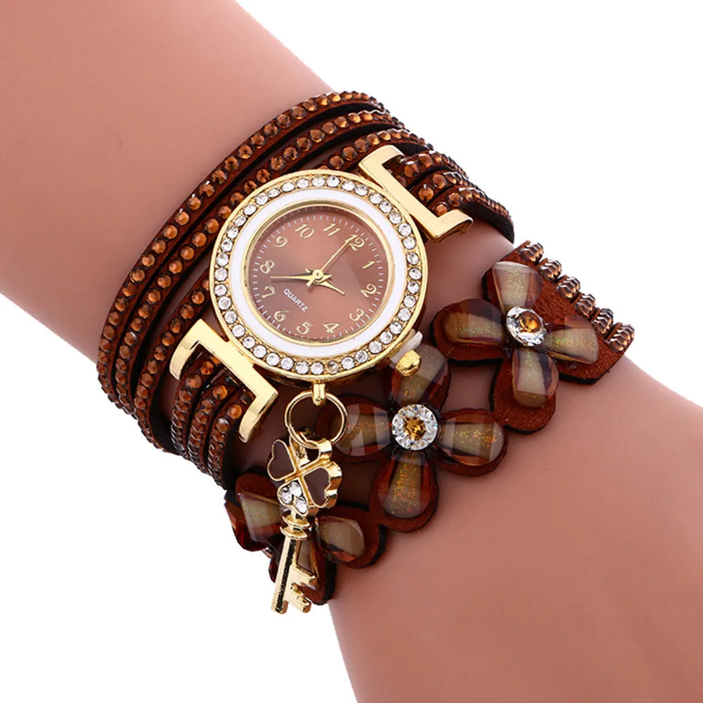 Новые Кожаные часы-браслет с оберткой из цветов и хрусталя, женские простые платья, Женские наручные часы Relojes Mujer В подарок Изображение 3