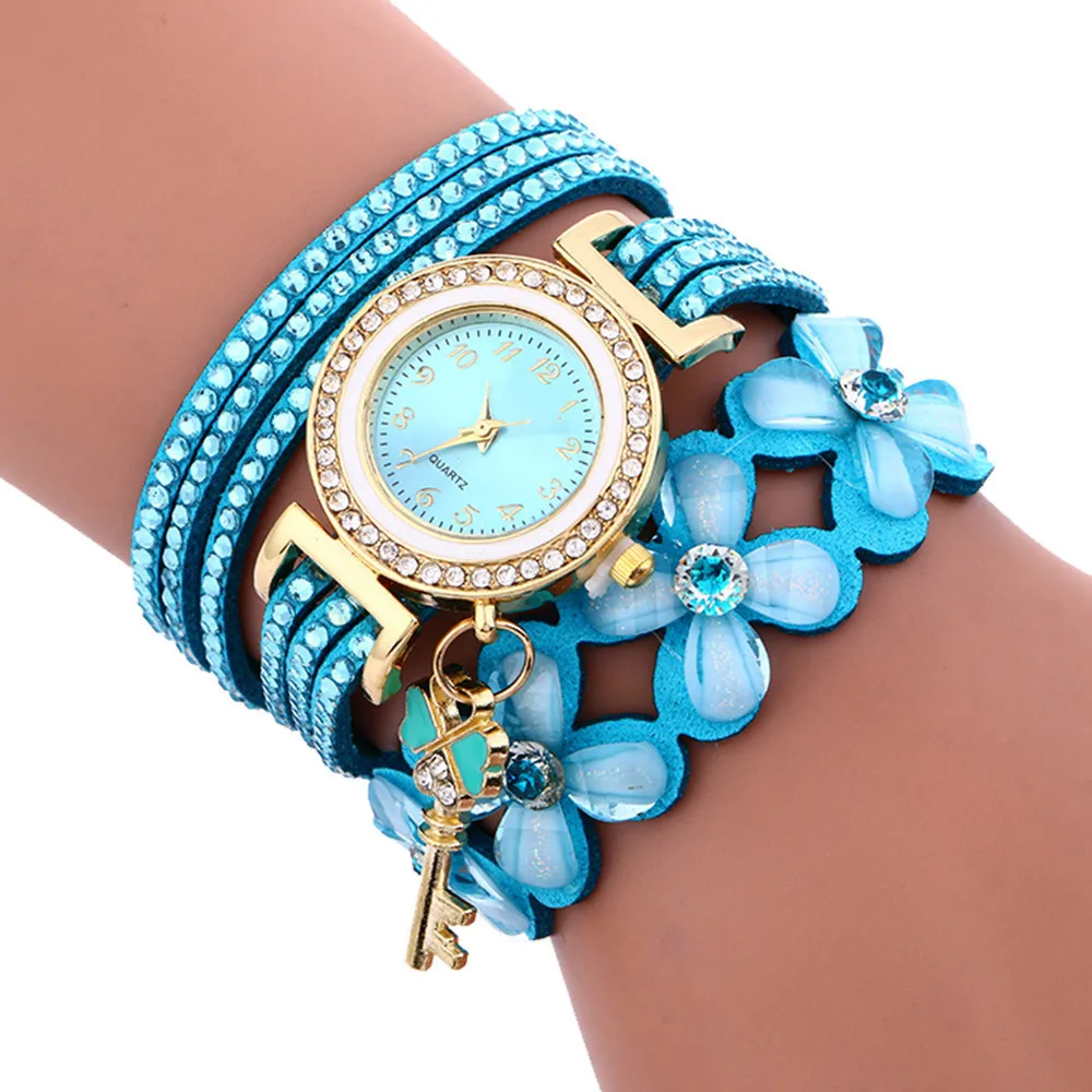 Новые Кожаные часы-браслет с оберткой из цветов и хрусталя, женские простые платья, Женские наручные часы Relojes Mujer В подарок Изображение 4
