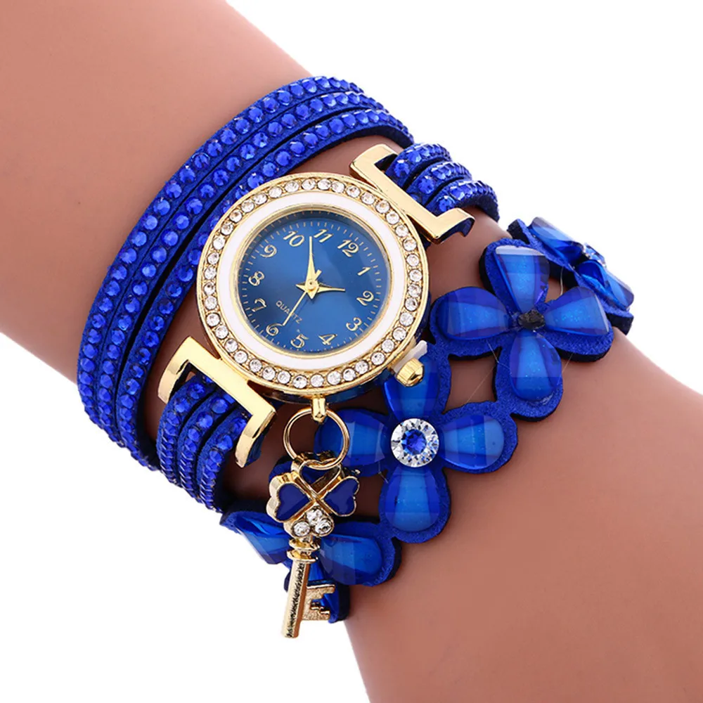 Новые Кожаные часы-браслет с оберткой из цветов и хрусталя, женские простые платья, Женские наручные часы Relojes Mujer В подарок Изображение 5