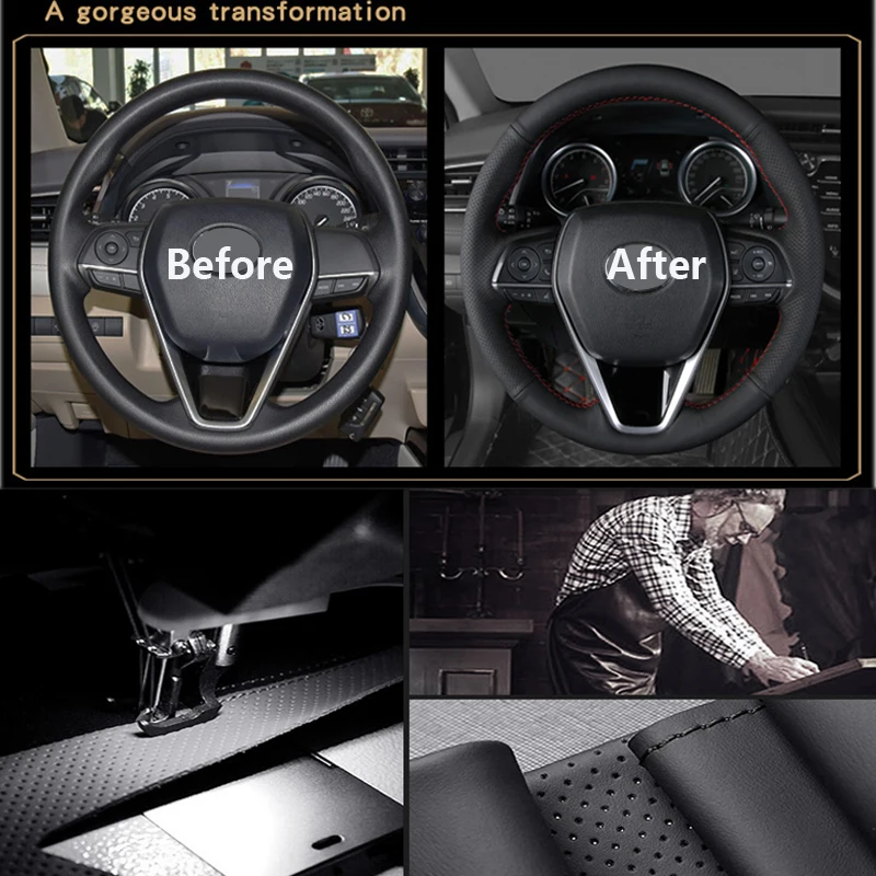 Черный чехол на руль автомобиля из натуральной кожи, сшитый вручную для Hyundai Santa Fe Изображение 2