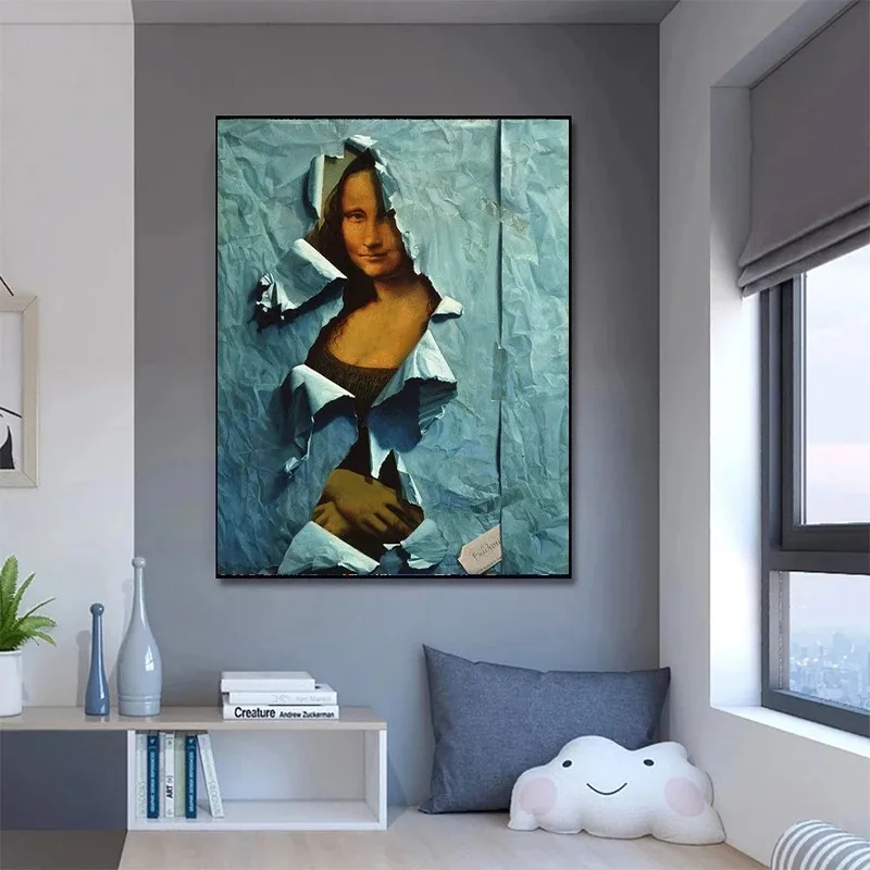 Забавные картинки Мона Лиза на бумажном холсте Настенное искусство Скандинавское оформление Европа Плакаты и принты для гостиной Фигурная живопись Изображение 2