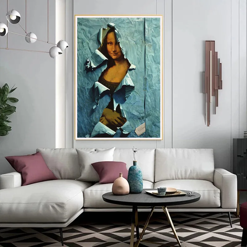 Забавные картинки Мона Лиза на бумажном холсте Настенное искусство Скандинавское оформление Европа Плакаты и принты для гостиной Фигурная живопись Изображение 3