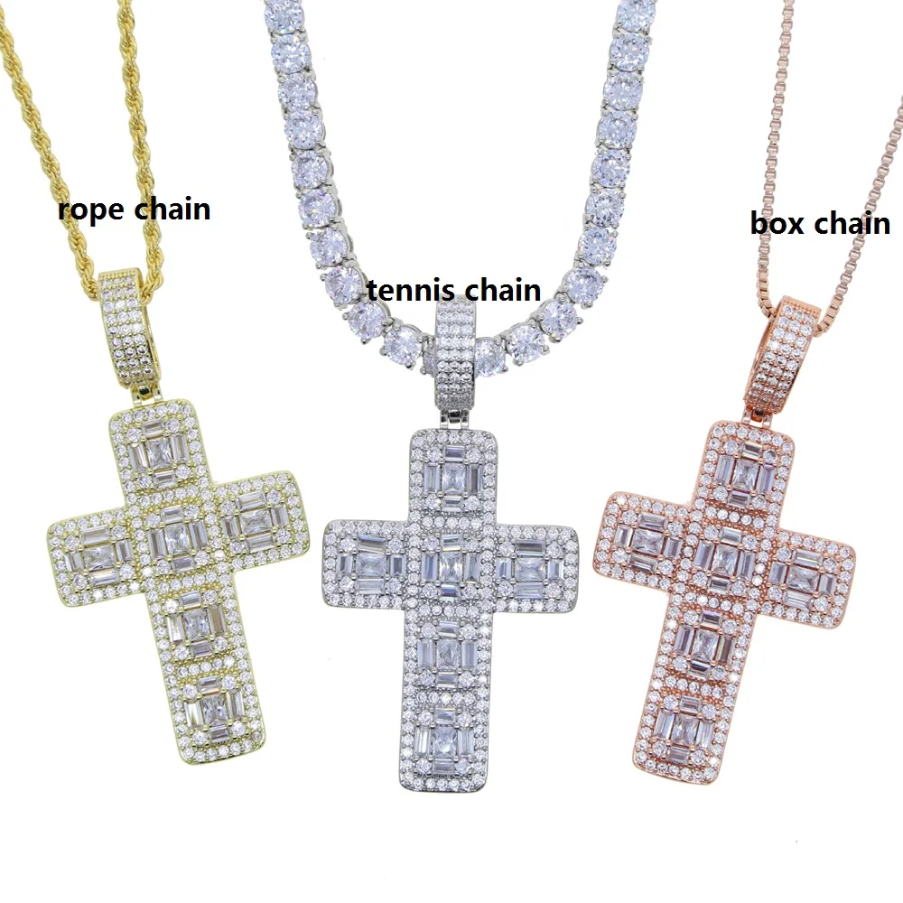 Прямая поставка, ожерелье с подвеской в виде креста с 5 мм фианитами, теннисная цепочка, хип-хоп ожерелья, украшения для хип-хоп женщин, мужчин, мальчиков, украшения для вечеринок Изображение 3