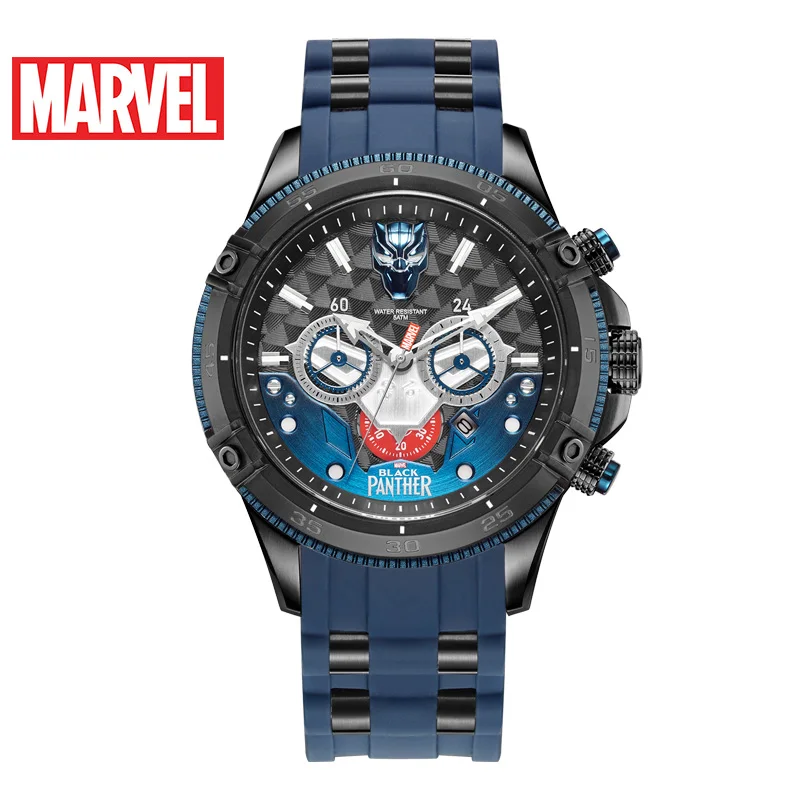 Официальные Мужские Кварцевые Наручные Часы Disney Marvel BLACK PANTHER 50m из Водонепроницаемой Нержавеющей Стали Montre Homme Army с несколькими Часовыми Поясами Изображение 0