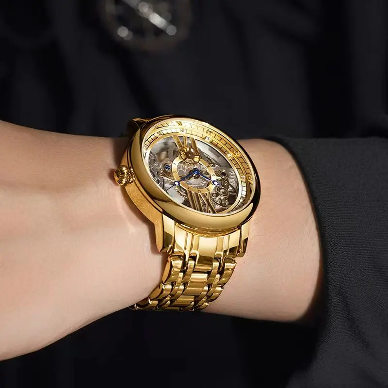 Роскошные мужские автоматические часы для мужчин, механические наручные часы со скелетом из нержавеющей стали, уникальные полые мужские часы Relogio masculino Изображение 4