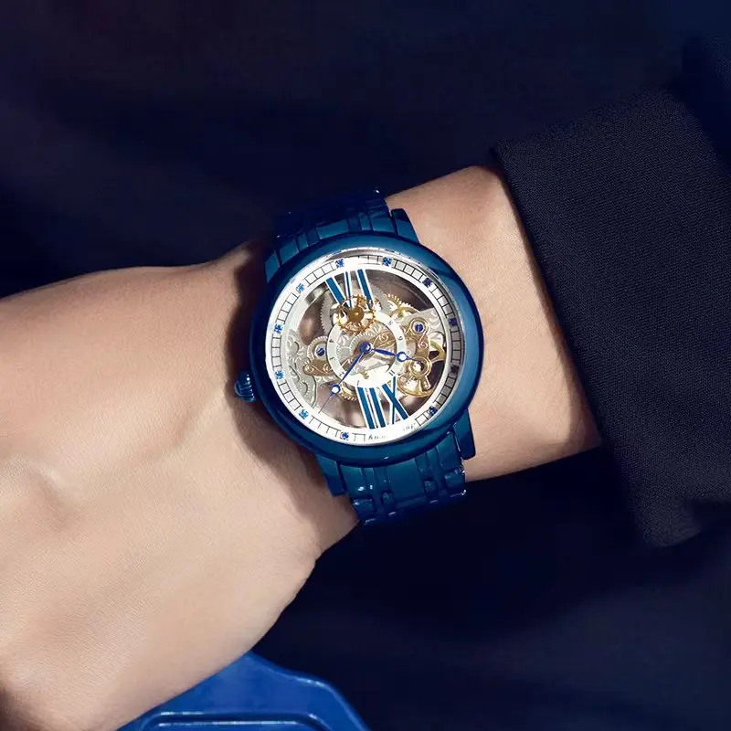 Роскошные мужские автоматические часы для мужчин, механические наручные часы со скелетом из нержавеющей стали, уникальные полые мужские часы Relogio masculino Изображение 5