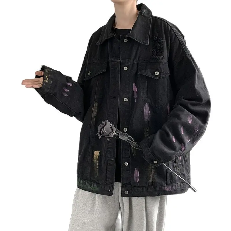 Мужская джинсовая куртка с дырками, черное синее повседневное свободное пальто в стиле хип-хоп Изображение 0