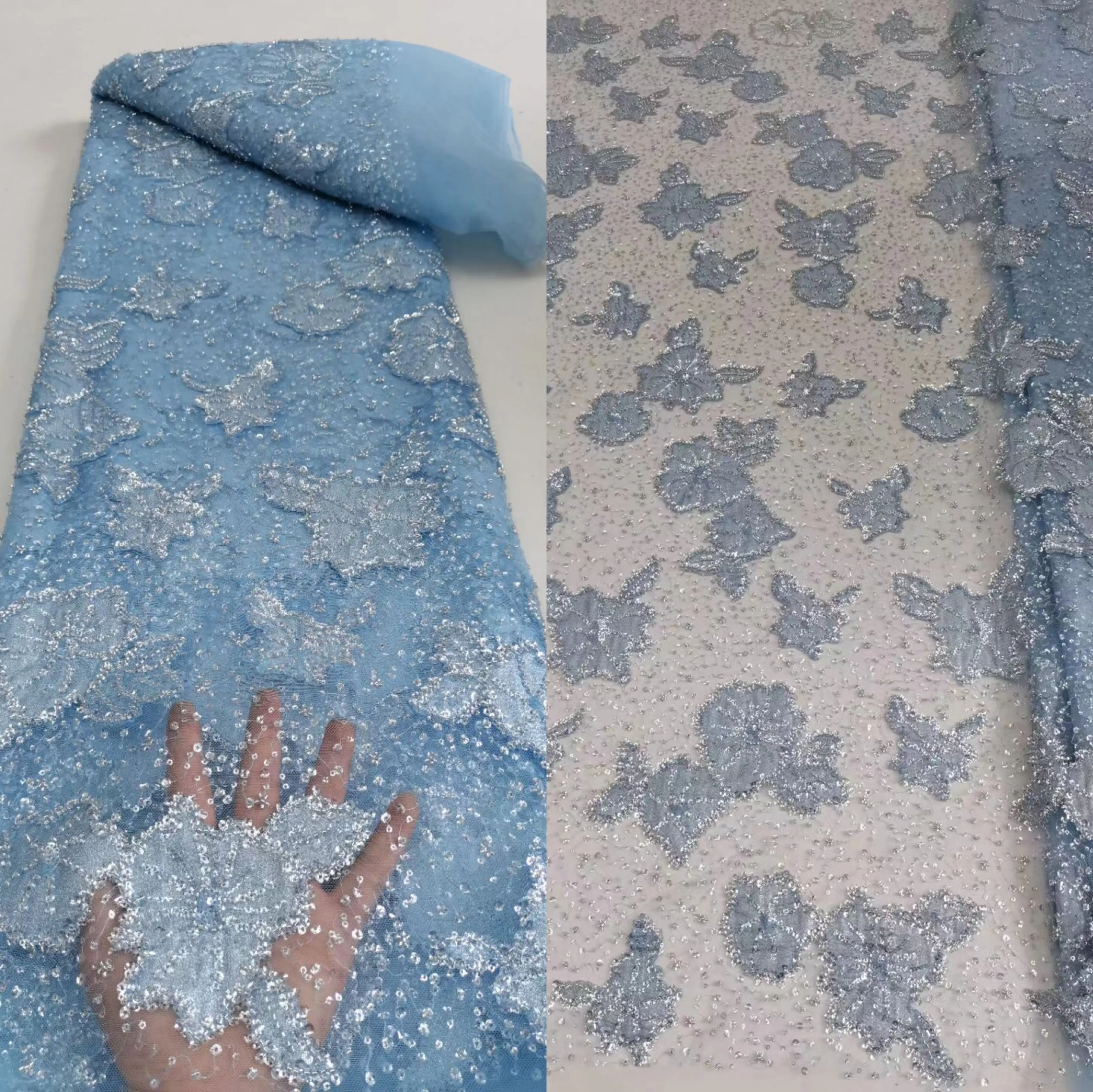 Новое поступление Французской кружевной ткани SYJ-1302274 из бисера, кружевные ткани из африканского тюля с вышивкой пайетками для вечернего платья Изображение 0