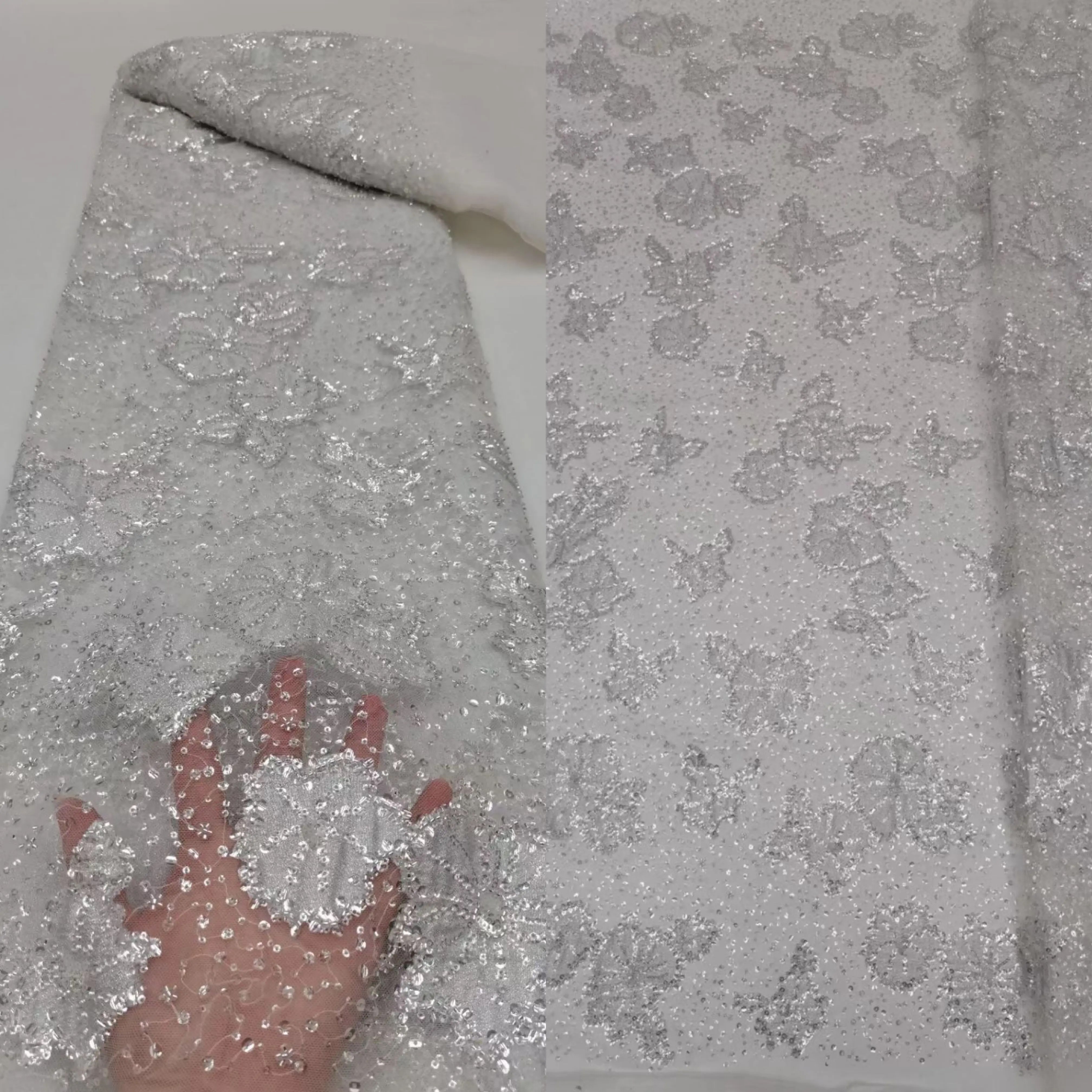 Новое поступление Французской кружевной ткани SYJ-1302274 из бисера, кружевные ткани из африканского тюля с вышивкой пайетками для вечернего платья Изображение 3
