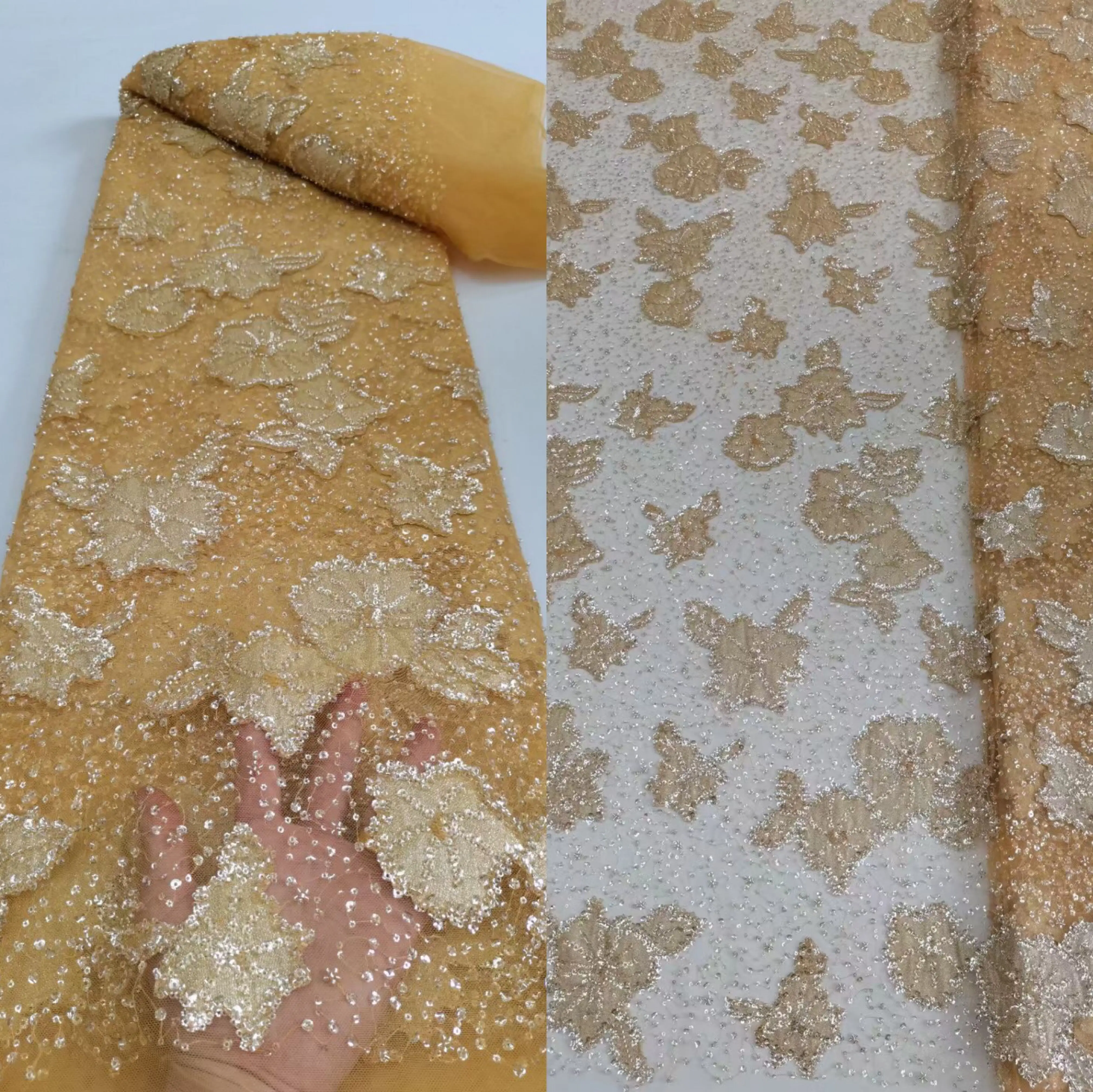 Новое поступление Французской кружевной ткани SYJ-1302274 из бисера, кружевные ткани из африканского тюля с вышивкой пайетками для вечернего платья Изображение 4