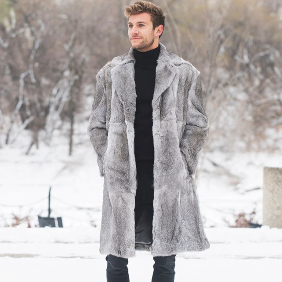 Мужская куртка из натурального меха, пальто из натурального кроличьего меха, Новое зимнее Длинное теплое пальто с отложным воротником, большие размеры на заказ Изображение 0