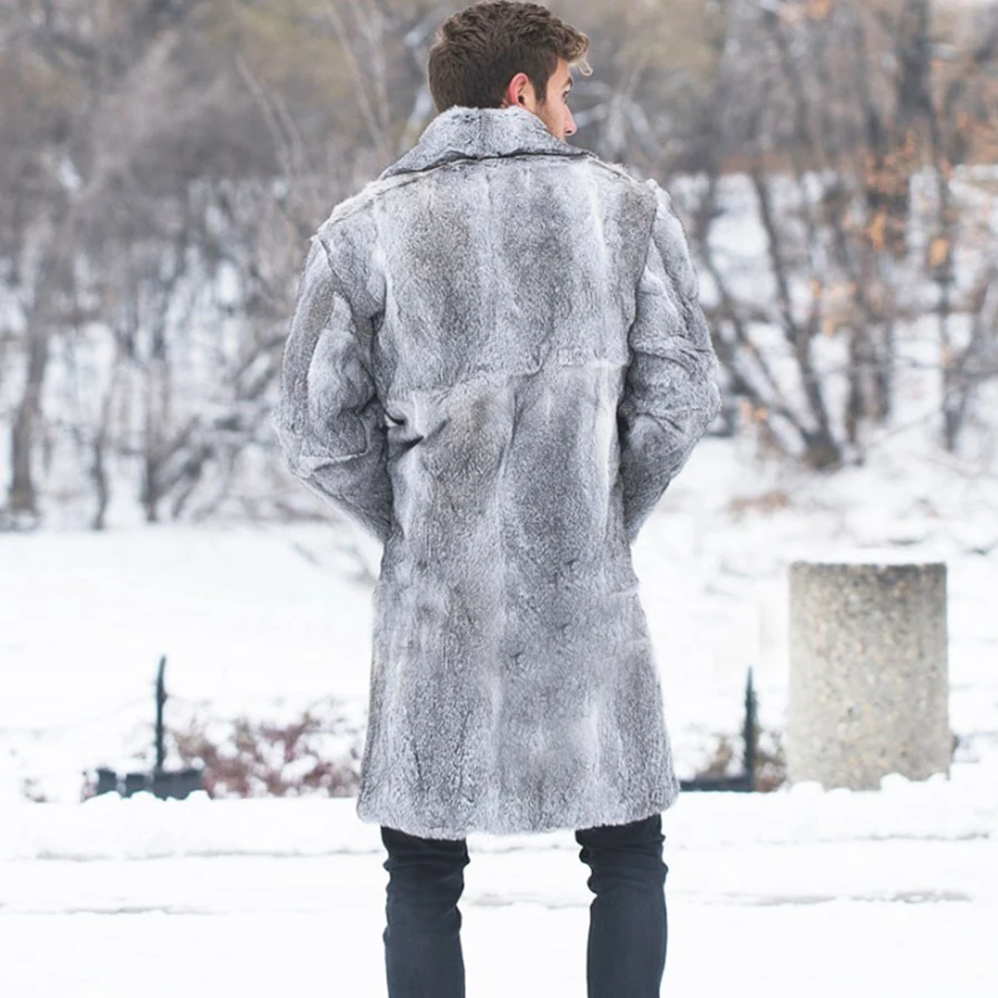 Мужская куртка из натурального меха, пальто из натурального кроличьего меха, Новое зимнее Длинное теплое пальто с отложным воротником, большие размеры на заказ Изображение 1