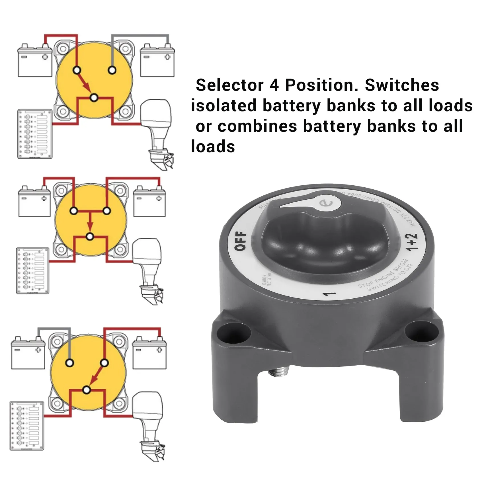 4-позиционный поворотный выключатель 32 В 350 Ампер E-Series с водонепроницаемым двойным аккумулятором и изолятором включения/выключения Изображение 1