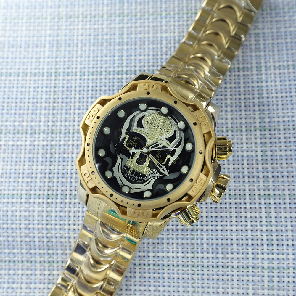 Полый Череп Из 18-каратного золота, Непобедимый Резерв, Мужские часы с большим циферблатом, Непобедимый Бизнес, Часы из стальной проволоки, Relogio Masculino Изображение 0