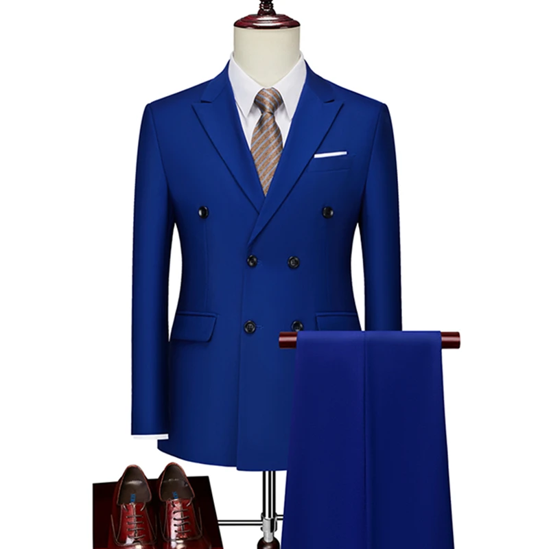 Комплект из 2 предметов, костюм, пальто, брюки / 2023, модные Новые мужские повседневные деловые однотонные двубортные свадебные блейзеры, куртка, брюки Изображение 0