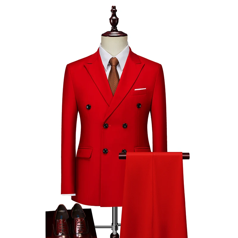 Комплект из 2 предметов, костюм, пальто, брюки / 2023, модные Новые мужские повседневные деловые однотонные двубортные свадебные блейзеры, куртка, брюки Изображение 1