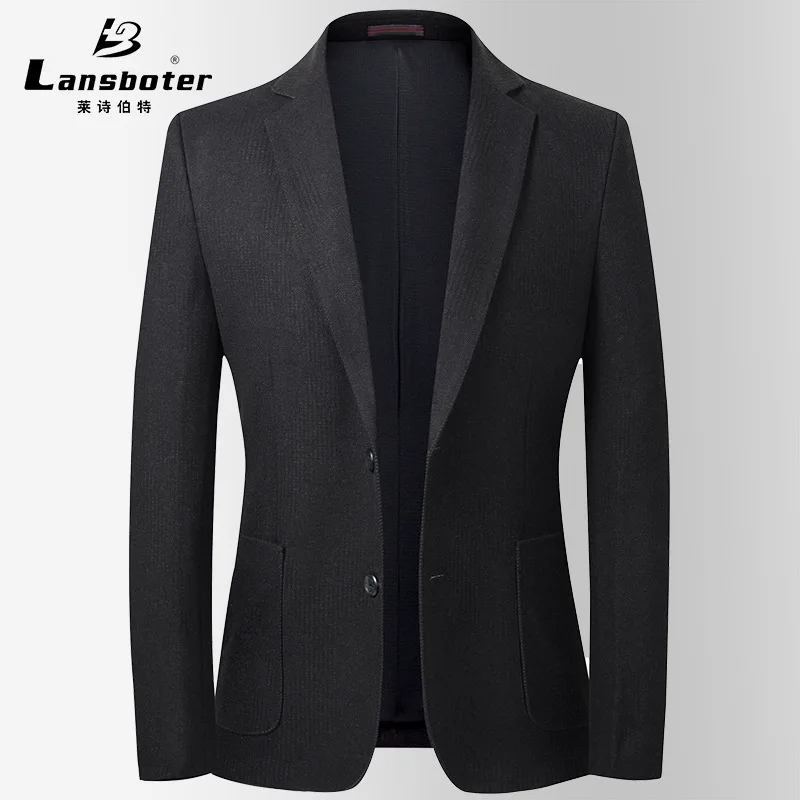 Lansboter Черный весенне-осенний мужской костюм для средней молодежи, повседневная шерстяная куртка, устойчивая к морщинам, не глаженая, Подходящая по размеру куртка Изображение 0