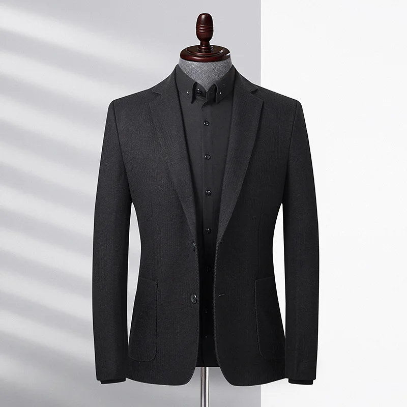 Lansboter Черный весенне-осенний мужской костюм для средней молодежи, повседневная шерстяная куртка, устойчивая к морщинам, не глаженая, Подходящая по размеру куртка Изображение 1