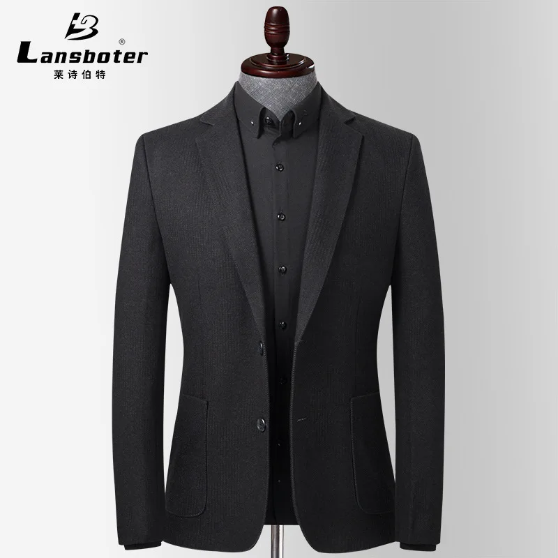 Lansboter Черный весенне-осенний мужской костюм для средней молодежи, повседневная шерстяная куртка, устойчивая к морщинам, не глаженая, Подходящая по размеру куртка Изображение 3
